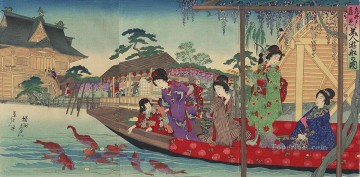  Chikanobu Pintura al %c3%b3leo - Una escena de mujeres disfrutando de un paseo en barco frente al Santuario Kameido Tenjin Toyohara Chikanobu.